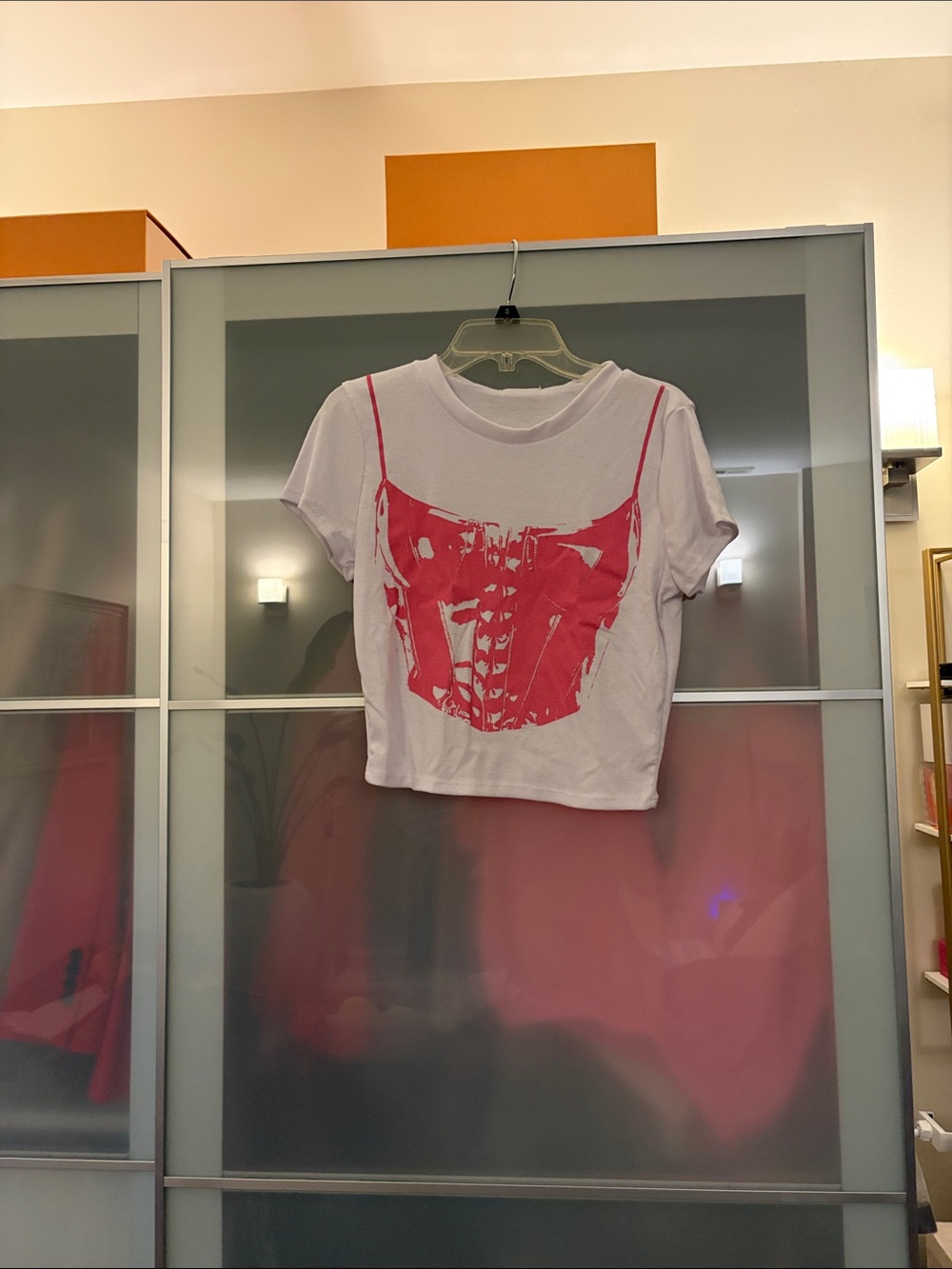 White Crop Tee with Pink Graphic Corset Print